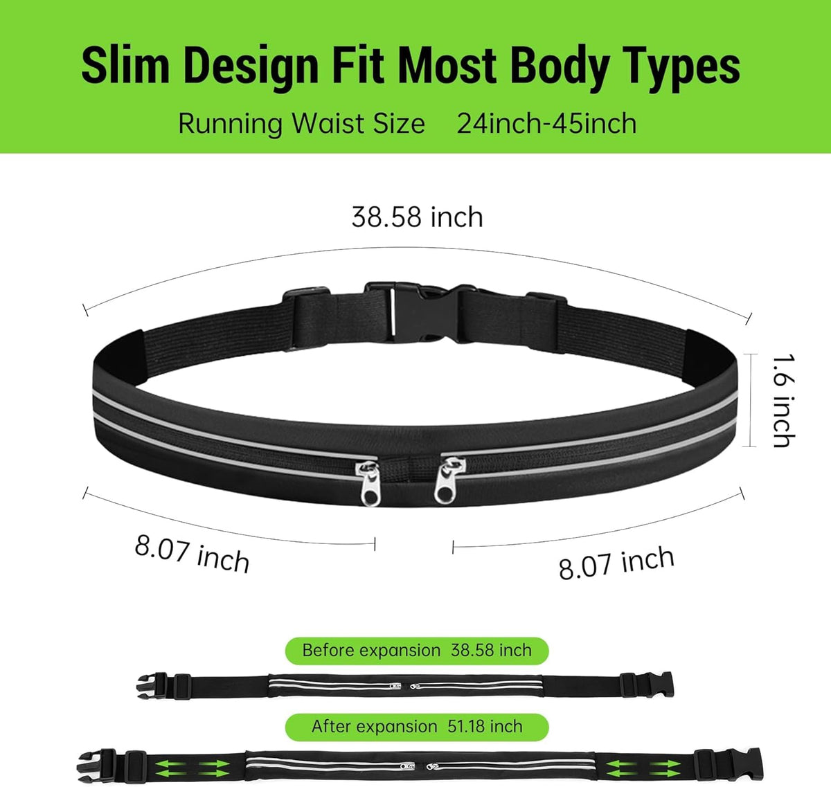 Slim Running Belts for Women Men - Running Phone Holder Fanny Pack for Key, Accessories Fits ALL Cell Phones, Black