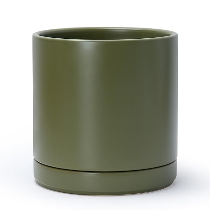 D'vine Dev 10 Inch Ceramic Planter Pot with Drainage Hole and Saucer, Indoor Cylinder Round Planter Pot, Olive, 94-O-E-J