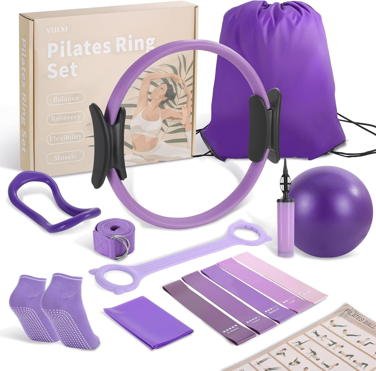 Pilates Ring Set –Home Pilates Equipment for Women Kit with a 14-inch Pilates Ring and 9.8-inch Pilates Ball,5 Resistance Bands for Beginners—Train Muscles, Flexibility & Core Strength at Home