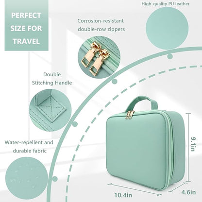 Travel Makeup Bag,with Mirror 3 Color Setting and Detachable 10x Magnifying Mirror Travel Makeup Bag,Portable Storage and Adjustable Dividers （light green）