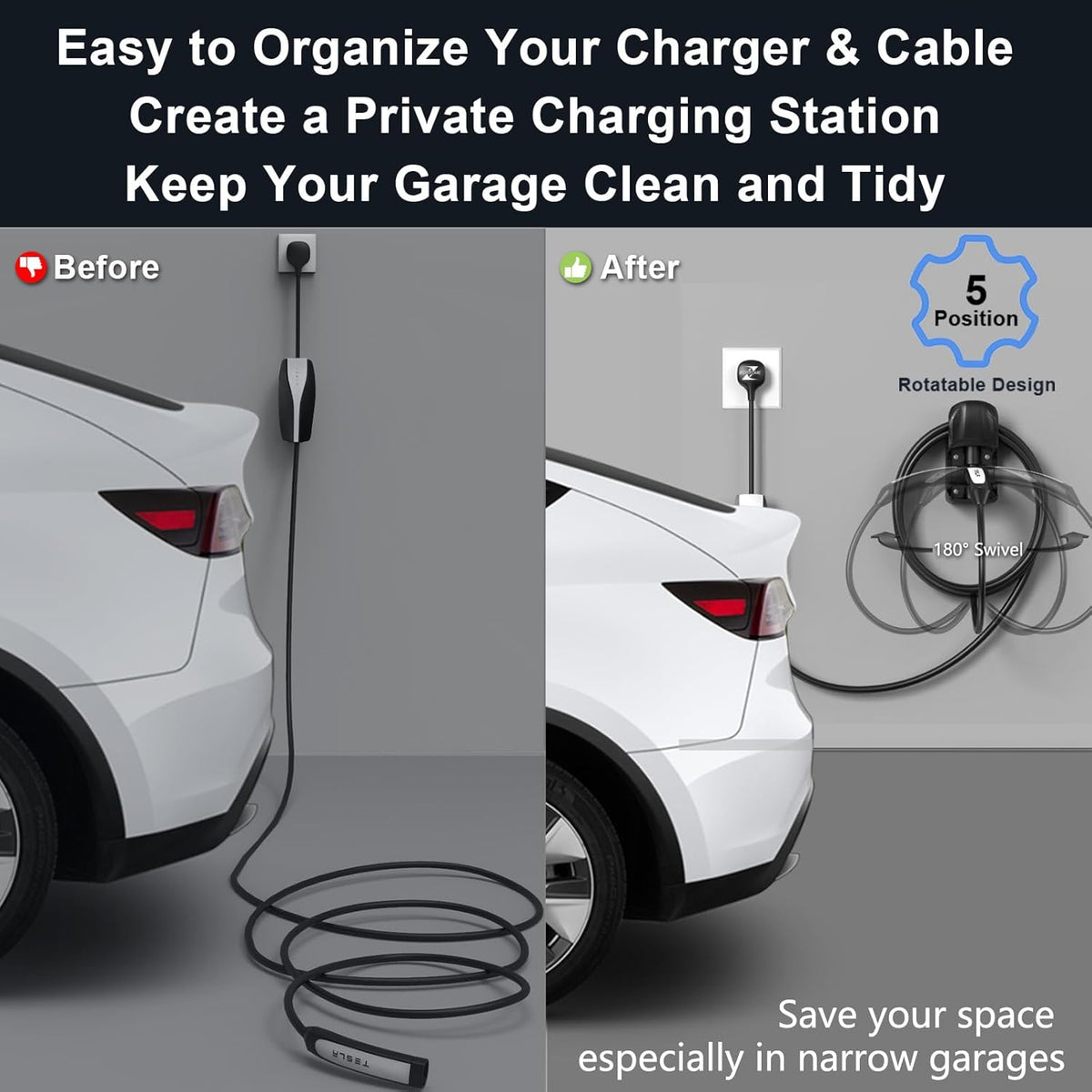 Tesla Charger Holder Wall Mount Tesla Charging Cable Organizer for Tesla Mobile Connector, Swivel NACS Holster