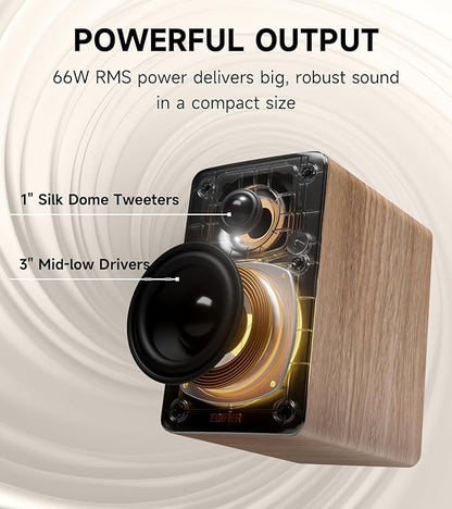 Edifier M60 Multimedia Speaker Bluetooth 5.3, 66W RMS, Hi-Res Audio & Hi-Res Wireless Audio, LDAC,3" Mid Bass & 1" Tweeter, USB-C & Aux Inputs, Compact Desktop Speaker – Classic Oak