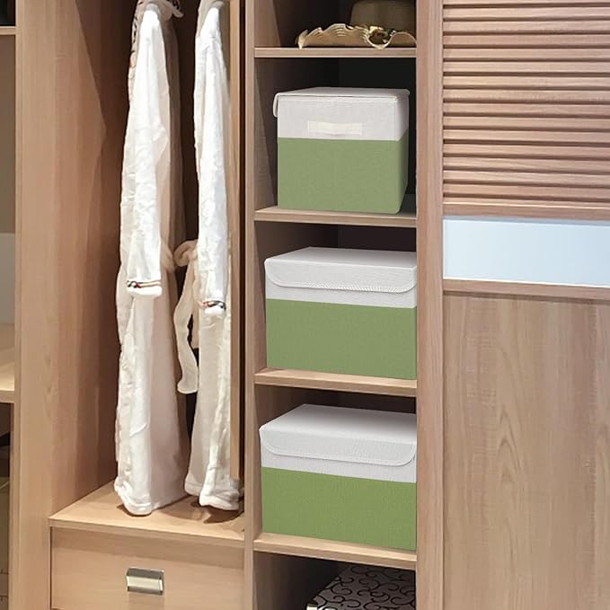 Large 17" 42 Quarts Collapsible Stackable Storage Bins with Lids [3-Pack] Foldable Fabric Linen Storage Boxes Cube, Closet Organizer Baskets with Label for Home (16.7 x 12 x 12", Green & White)