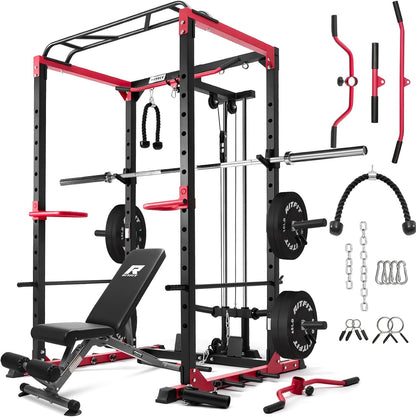 RitFit All-in-One Squat Rack for Home Gym, PPC02C Multi-Function 1000 LBS Capacity Power Cage with LAT Pulldown, Pulley System, Dip Bar, Landmine & More Power Rack Attachments, Package