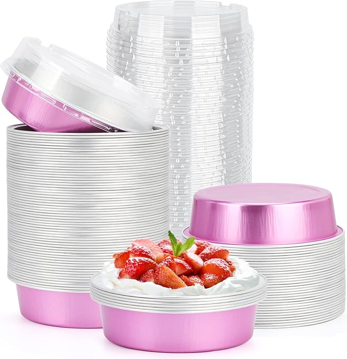 Beasea Disposable Mini Pans with Lids, 100 Pack 4” 8oz Pink Aluminum Baking Pie Foil Tins Small Round Tart Cups Containers for Individual Cupcake Muffin Cheesecake Dessert Ramekins Quiche Oven Dishes