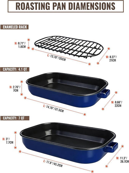 Roasting Pan for Oven with Rack 6-Piece Enamel Deep Lasagna Baking Dish 14&17 Inch, 572°F High Temp Resistance Dishwasher Safe Non-Stick Easy-To-Clean, Large Turkey Ham Roaster Mothers Day Gift