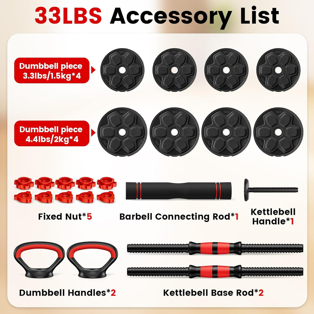 Adjustable Dumbbell Set, 20/33/45/70/90lbs Free Weight Set with Connector, 4 in1 Dumbbells Set Used as Barbell, Kettlebells, Push up Stand, Weight Set for Home Gym Suitable Men/Women