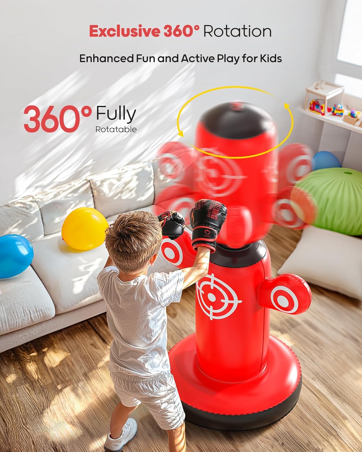 QPAU 360° Rotatable Punching Bag for Kids, Lager 64” Kids Punching Bag with Gloves, Hand Pump & 6 Targets, Bop Bag Inflatable Punching Toy, Karate Gifts for Boys, Girls
