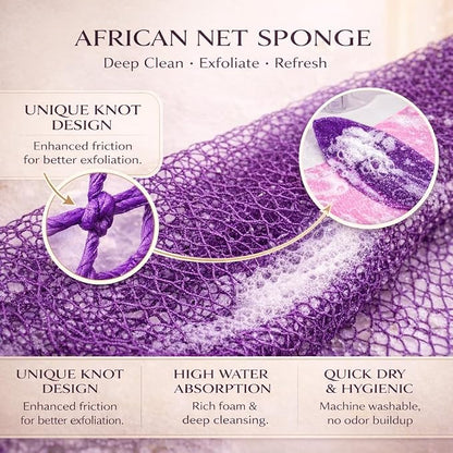African Net Sponge Authentic, 3 Pieces African Exfoliating Net Sponge Body Back Scrubber Exfoliating Washcloth for Shower Bath for All Types (Black+Brown+Pink, 3 Pcs)