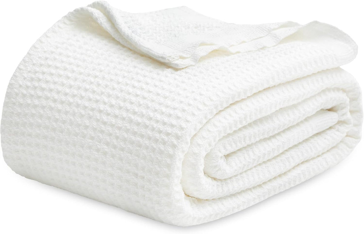 Bedsure 100% Cotton Blanket King Size for Bed - Breathable and Soft, Waffle Weave Blanket for Summer, Thick Cozy Fall Blankets for Women Gift, White, 104x90 inches