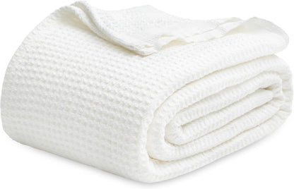 Bedsure 100% Cotton Blanket King Size for Bed - Breathable and Soft, Waffle Weave Blanket for Summer, Thick Cozy Fall Blankets for Women Gift, White, 104x90 inches