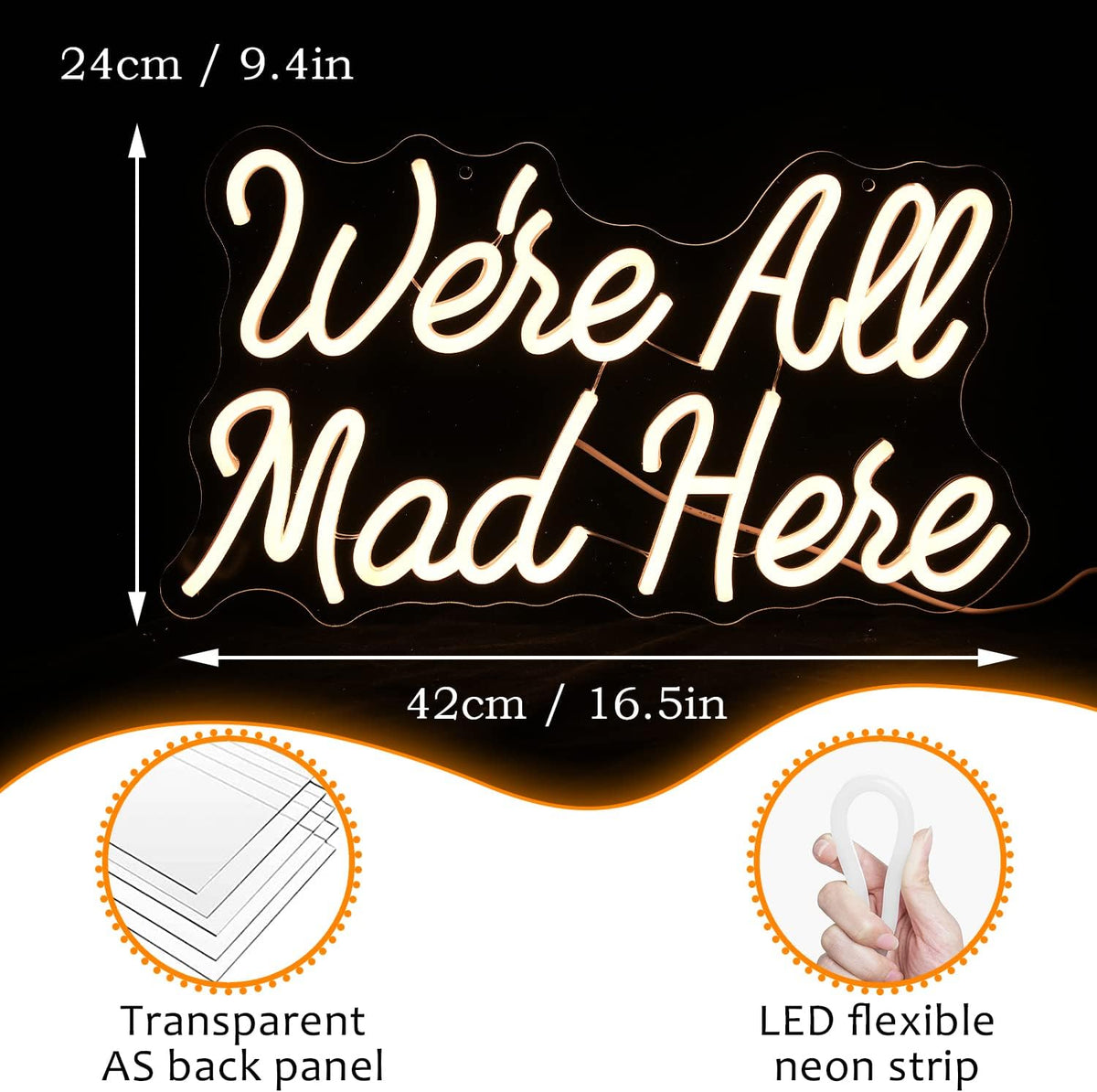 We Are All Mad Here Neon Sign Letter LED Neon Lights Dimmable USB Powered 16.5’’X9.4’’Cool Wall Decorative Light Bedroom Bar Birthday Party Decoration Gifts （Warm White）