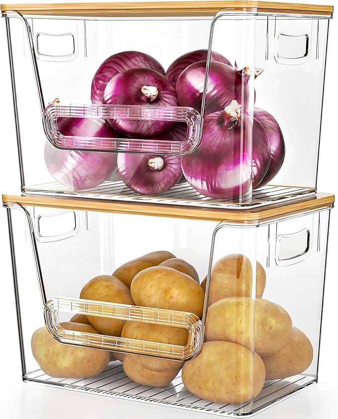 Delamu 2 Set Pantry Organizers and Storage, Trash Bag Holder Under Sink Organizer for 4-13 Gal Bags, Trash Bag Dispenser with Bamboo Top for Onion, Potato, Garlic, Clear (11-7/32"L*7" W*7-1/8"H)