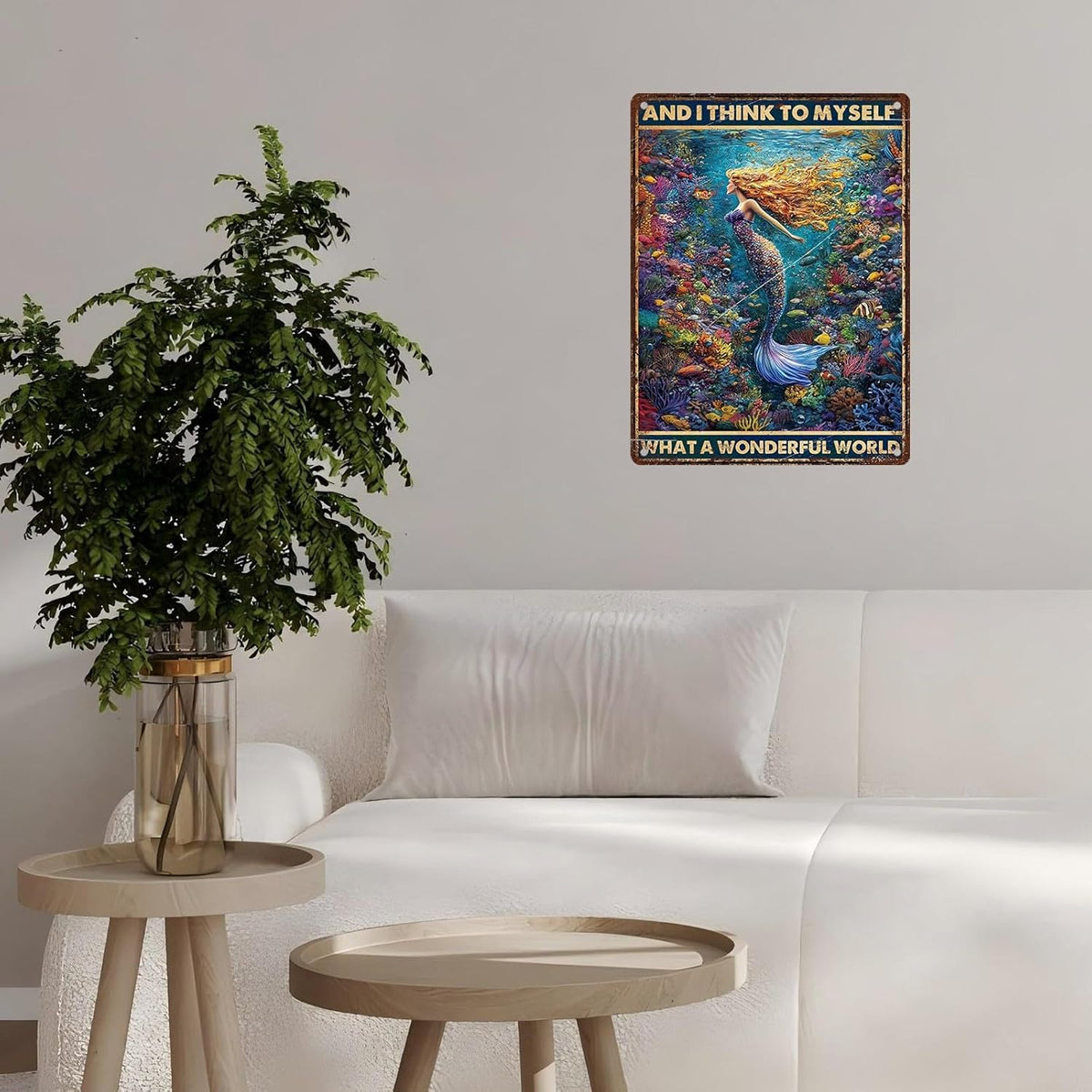Retro Mermaid Tin Sign And I Think to Myself What a Wonderful World Vintage Metal Poster Funny Wall Art Toilet Bathroom Man Cave Bar Cafe Indoor Room Garage 12 * 16inch
