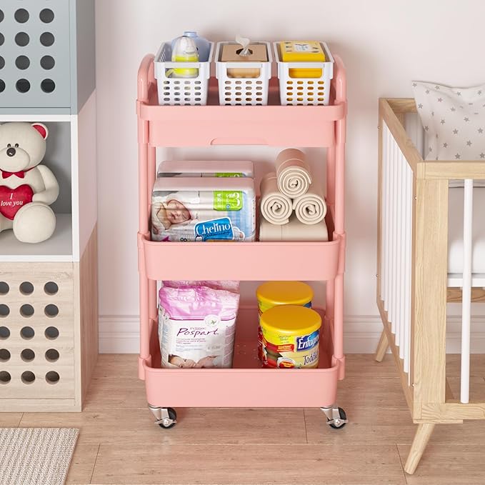 Calmootey 3-Tier Rolling Utility Cart with Drawer,Multifunctional Storage Organizer with Plastic Shelf & Metal Wheel,Storage Cart for Kitchen,Bathroom,Living Room,Office,Pink