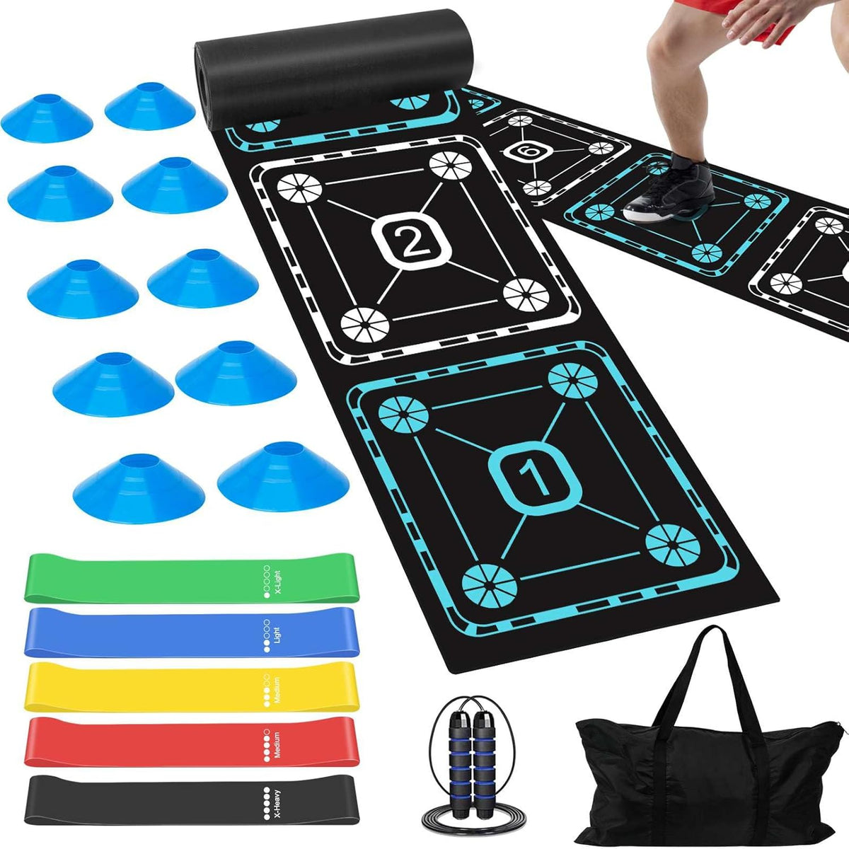 Agility Ladder Speed Training Equipment Set-15ft Non-Slip Agility Training Ladder, 10 Disc Cones, 5 Resistance Bands, Jump Rope, Rubber Ladder Mat for Soccer Footwork Drills Fitness Workouts