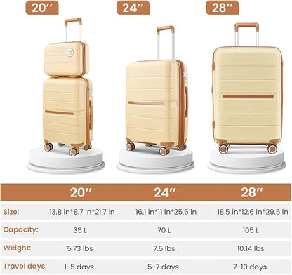 Campfun Luggage Sets 4 Piece, Expandable Carry On Luggage Set Hardshell PP, Suitcase Set with Double Spinner Wheels, Checked Durable Lightweight with TSA Lock, 14/20/24/28in, Khaki Brown(A)