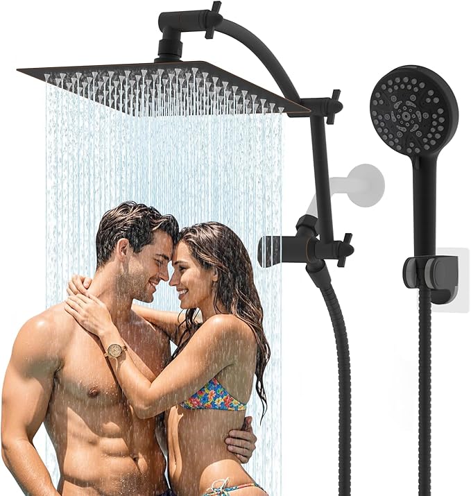 Hibbent All Metal Shower Head, 8'' High Pressure Rain Shower Head/Handheld Showerhead Combo with 16'' Adjustable Arc-shaped Extension Arm, 10 Sprays, 71'' Hose, Showerhead Holder, Oil Rubbed Bronze