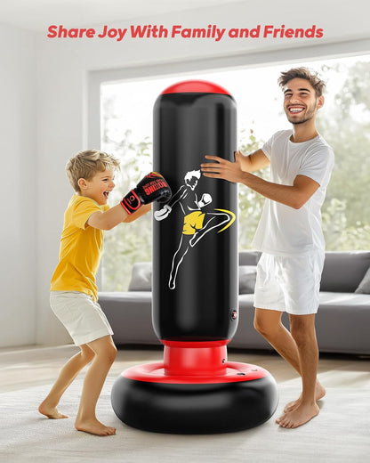 QPAU Kids Punching Bag Toy with Boxing Gloves, 66 Inch Larger Stable Kids Inflatable Boxing Bag Set, Gifts for Boys & Girls Age 6-12, for Practicing Karate, Taekwondo, MMA