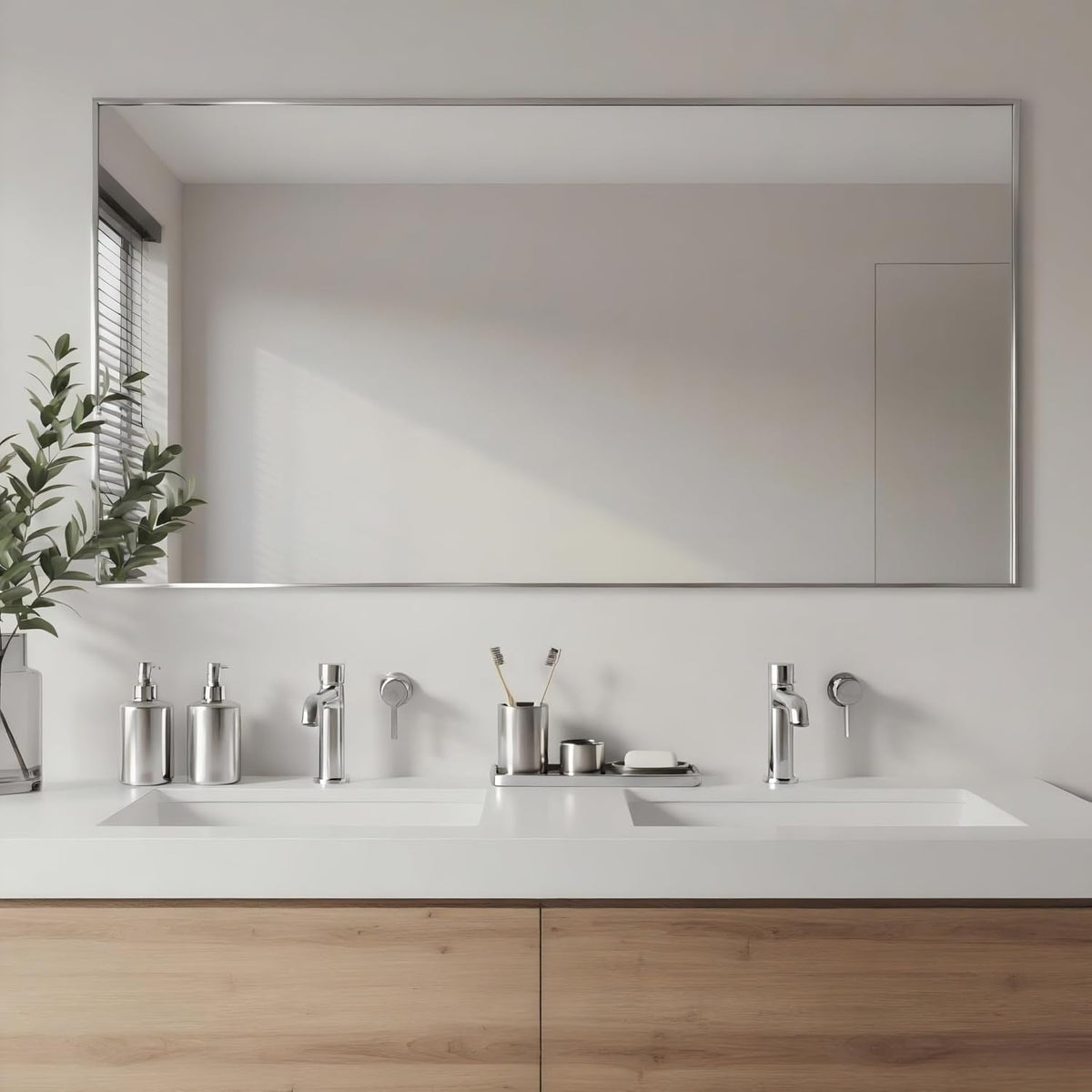 20x40 Inch Nickel Bathroom Mirror for Wall, Aluminum Frame Rectangle Rectangular Vanity Mirror, Modern Large for Bedroom, Living Room, Horizontal or Vertical