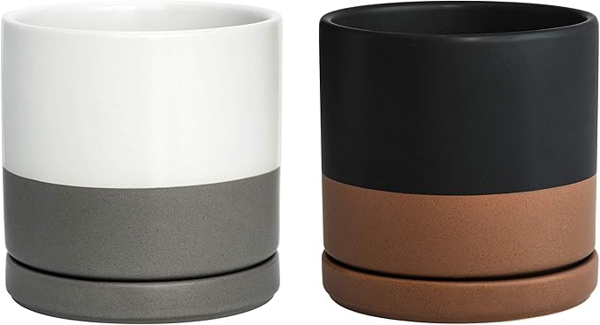 D'vine Dev Set of 2 Plants Pots, 6 Inch Ceramic Planter Pot for Plants with Drainage Hole and Saucer, White-Grey/Black-Tan, 94-V-C-C