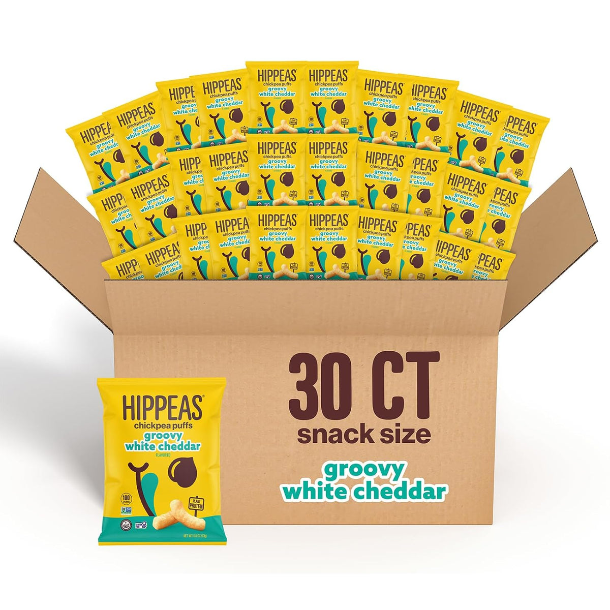 Hippeas Chickpea Puffs, Groovy White Cheddar, 0.8 Ounce (Pack of 30), 3g Protein, 2g Fiber, Vegan, Gluten-Free, Crunchy, Plant Protein Snacks