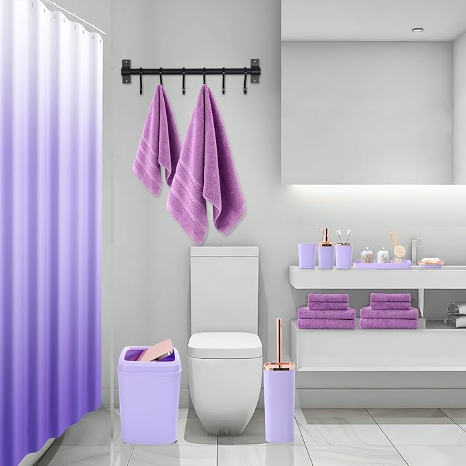 Purple Bathroom Accessories, 24 Pieces Light Purple Bathroom Accessories Set with Shower Curtain, Bath Towels, Trash Can, Soap Dispenser and Soap Dish for Bathroom/Housewarming