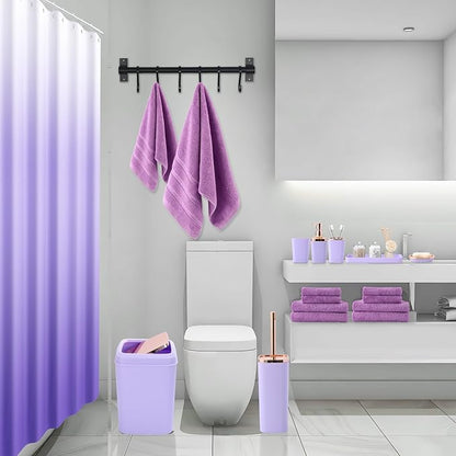 Purple Bathroom Accessories, 24 Pieces Light Purple Bathroom Accessories Set with Shower Curtain, Bath Towels, Trash Can, Soap Dispenser and Soap Dish for Bathroom/Housewarming