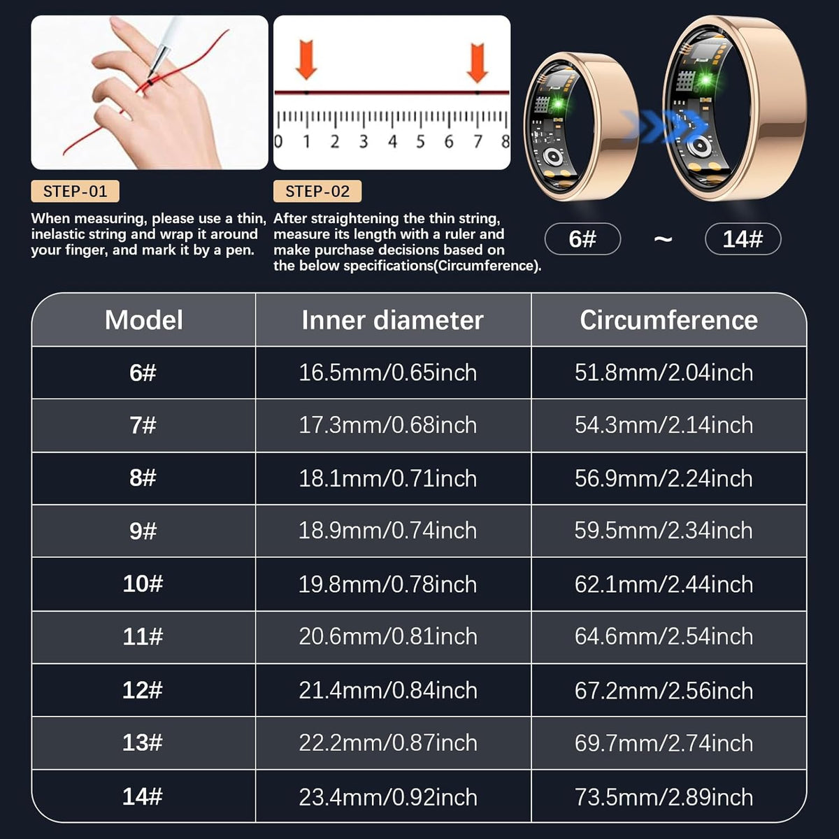 Health Tracker Ring, Smart Health Ring for Women Men with Heart Rate, Blood Oxygen, Sleep Monitor, Steps,Calories, No Subscription Fee, IP68 Waterproof Smart Ring for iPhone & Android (Rose Gold, 7#)