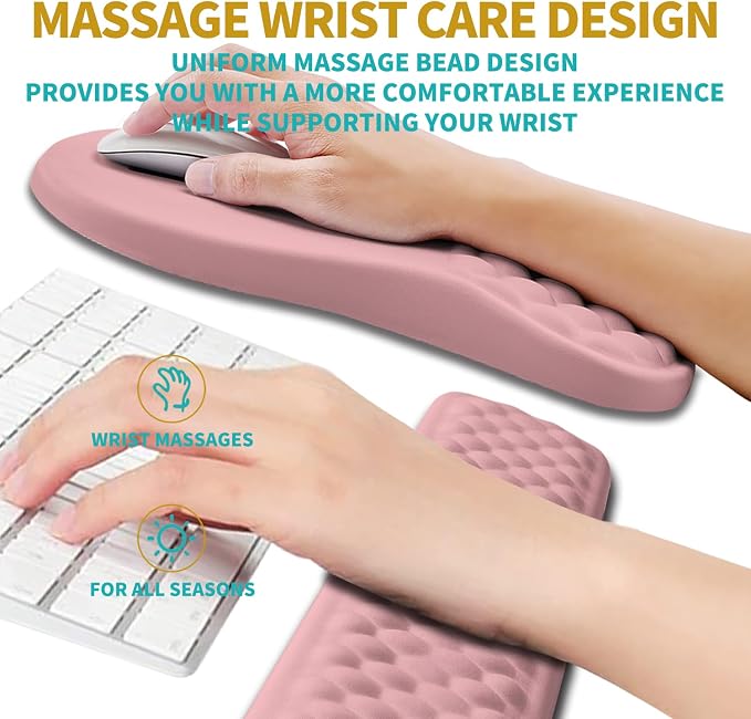 Hokafenle 2 in 1 Ergonomic Mouse Pad Wrist Support & Wrist Rest for Computer Keyboard Set, with Relieve Carpal Tunnel Pain Massage Bulge and Full Memory Gel Design (2In1 Set, Pink)