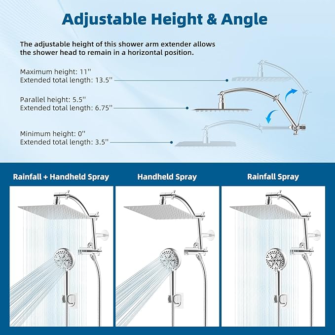 Hibbent All Metal Shower Head, 10'' High Pressure Rain Shower Head/Handheld Showerhead Combo with 16'' Adjustable Arc-shaped Extension Arm, 10 Sprays, 71'' Hose, Adhesive Showerhead Holder, Chrome