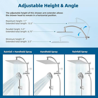 Hibbent All Metal Shower Head, 10'' High Pressure Rain Shower Head/Handheld Showerhead Combo with 16'' Adjustable Arc-shaped Extension Arm, 10 Sprays, 71'' Hose, Adhesive Showerhead Holder, Chrome