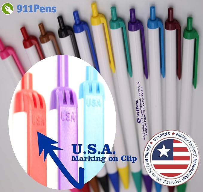 911PENS USA Made, Personalized Writing Ink Ballpoint Novelty Pens, Custom Printed with Your Logo & Text (Pack of 50 White Pens with Pink Trim)