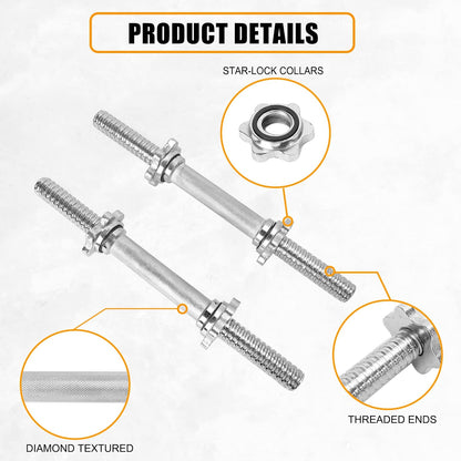 Threaded Dumbbell Rubber/Chrome Handles 1 Inch Pair, Adjustable Dumbbell Bar Handles, Fits Standard Weight Plates with 1” Diameter, for Gym Workouts, Exercise, Weightlifting, Sold in Pair