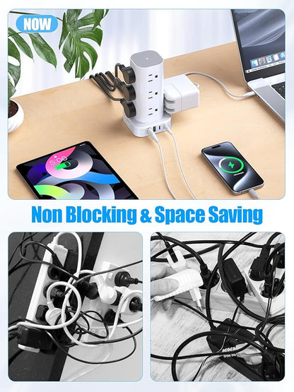 Tower Power Strip with 15W Wireless Charger, 10FT Flat Plug Extension Cord with Multiple Outlets, 12 AC Outlets, 4 USB Ports (2 USB C) Charging Station Surge Protector for Office Home Dorm Room(White)
