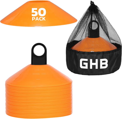 GHB Soccer Cones 25/50/100 Pack Disc Soccer Sport Cones Training Field Marker Agility Cones for Traffic, Basketball, Coaching, Practice Equipment Includes Cone Drills Guide