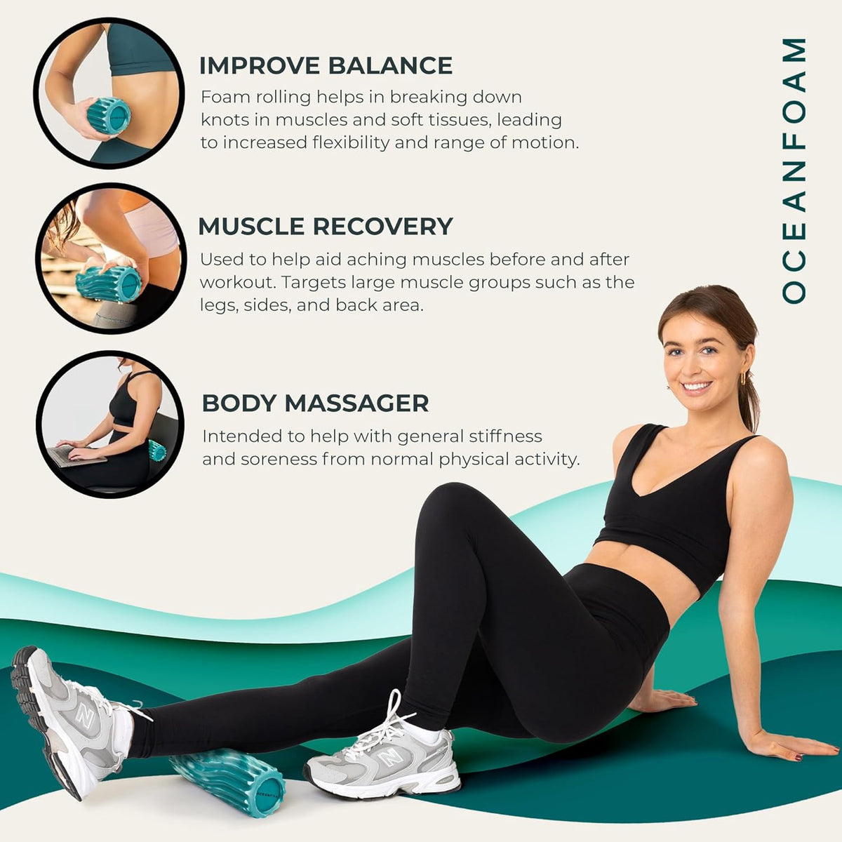 Oceanfoam Ripple Travel Foam Roller (11" x 3.35") Firm Mini Foam Roller for Physical Therapy, Deep Tissue Massage, Back Pain - High Density, Wave Textured - Yoga, Exercise (Jade & Seafoam Marbled)