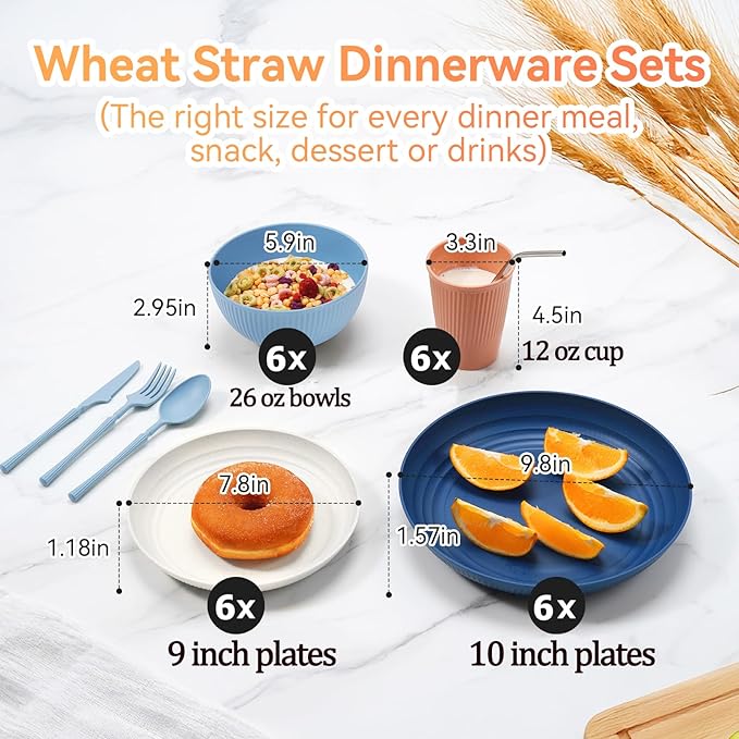 Wheat Straw Dinnerware Sets,48-Piece Plates and Bowls Sets for 6-Unbreakable,Reusable Plastic Dish Set-Dinner Plate/Dessert Plate/Cereal Bowl/Cup/Utensils-Microwave Dishwasher Safe 48P-Profound Gray