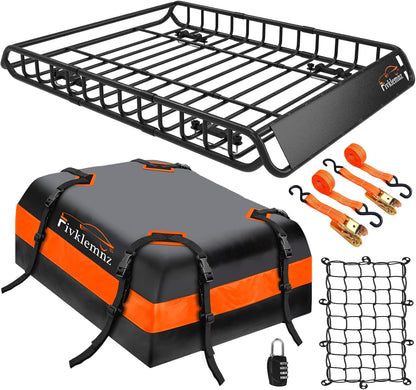 FIVKLEMNZ Car Rooftop Cargo Carrier Roof Bag Waterproof for All Top of Vehicle with/Without Rack Includes Topper Anti-Slip Mat + Reinforced Straps + 6 Door Hooks + Luggage Lock