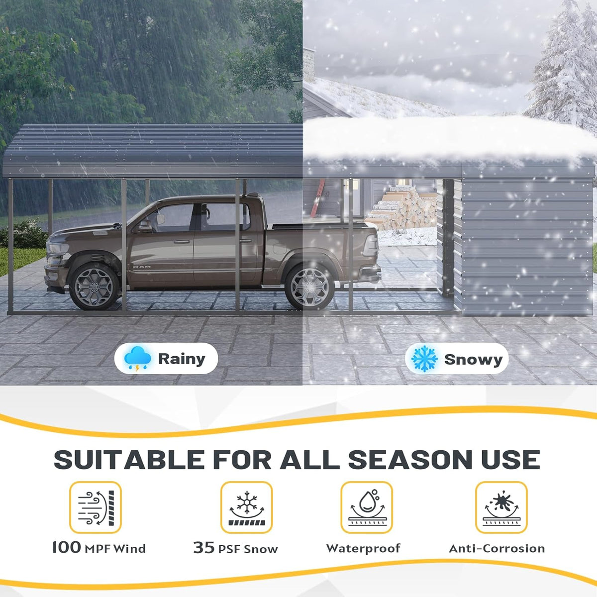 EROMMY 10x25 FT Carport Storage Shed 2-in-1, Heavy Duty Car Port with Galvanized Metal Frame, Base-Reinforced Enclosed Storage Shelter, Extended Coverage for Trucks, Cars & All Vehicles, Gray