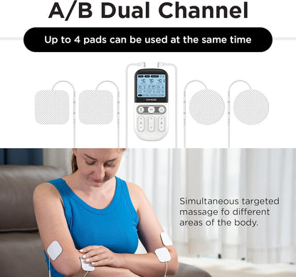 4 in 1 - D.I.Y & Tens Unit & EMS & Massage Muscle Stimulator, Dual Channel TENS Units Therapy Machine for Pain Relief, FDA Cleared Rechargeable Electronic Pulse Massager, with 12pcs Electrode Pads.
