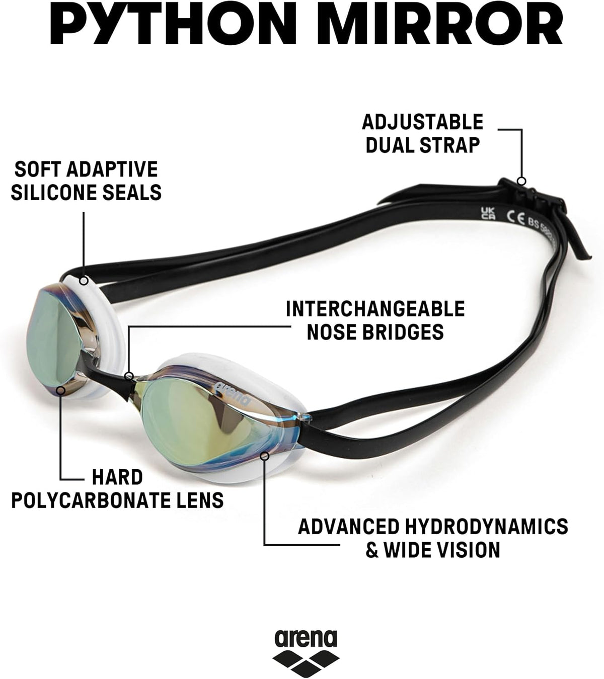 ARENA Unisex Python Racing Swim Goggles for Men and Women Anti-Fog No Leak Max Comfort Dual Strap, Mirror/Non-Mirror Lens