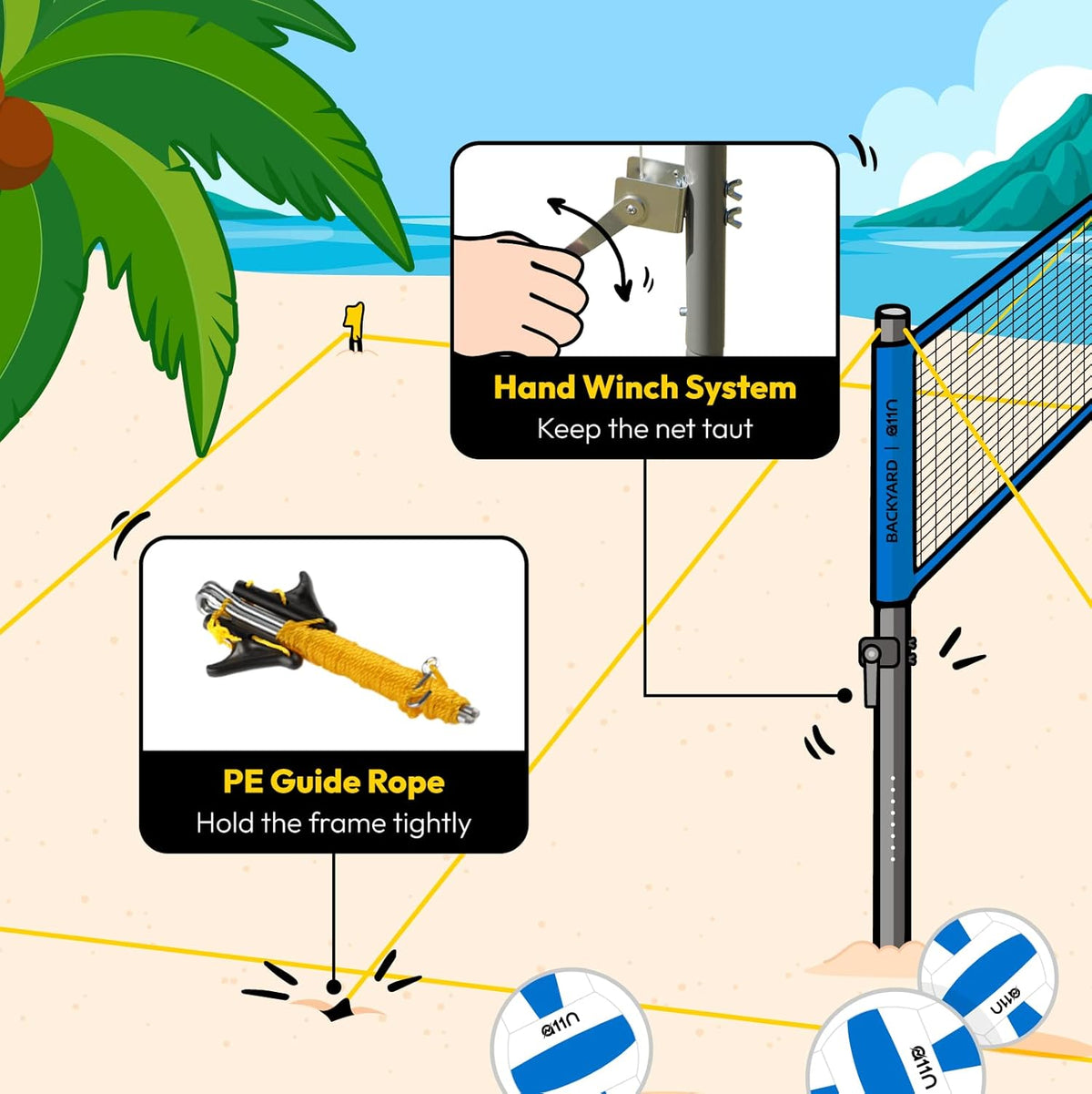 A11N Outdoor Volleyball and Badminton Combo Set - Includes Adjustable Height Anti-Sag Net, Volleyball, Air Pump, 4 Badminton Rackets, 2 Shuttlecocks, Boundary Line Marker, and Carrying Bag