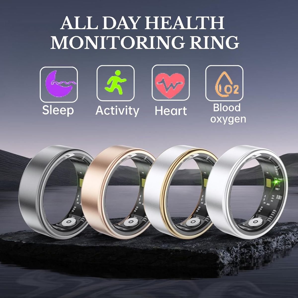 Smart Ring Health Fitness Tracker, Size First with Sizing Kit, Activity & Sleep Tracker/Stress/Heart Rate Monitor, Waterproof Smart Ring for Men/Women, No App Subscription (Golden, 7)