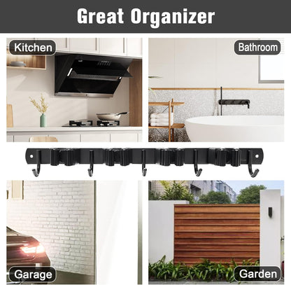 2 Pack Mop and Broom Holder Wall Mount 4 Racks and 5 Hooks Broom Organizer Storage Tool Racks Stainless Steel Heavy Duty Hooks for Home Kitchen Garden Laundry Garage