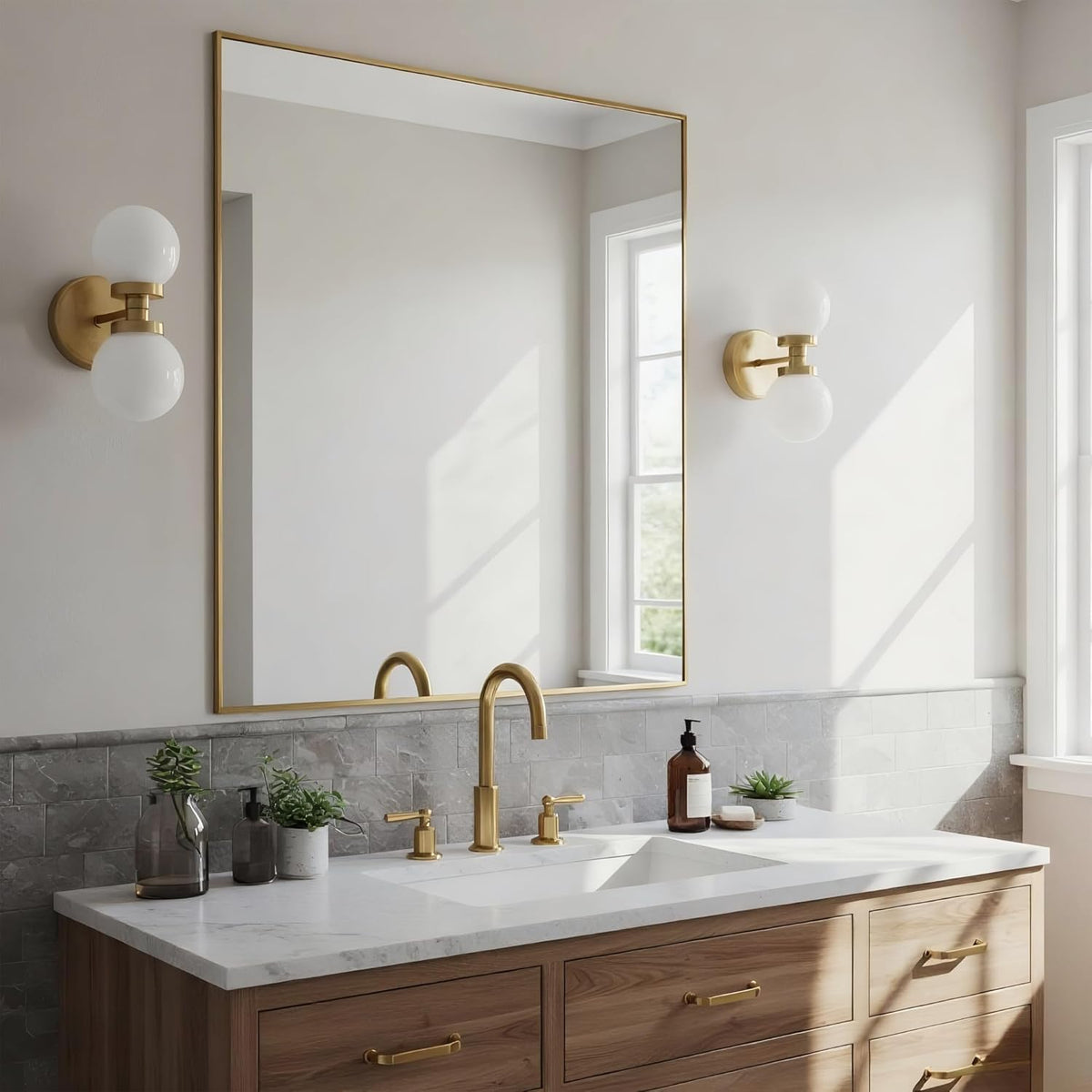 30x30 Inch Brass Bathroom Mirror for Wall, Aluminum Frame Rectangle Rectangular Vanity Mirror, Modern Large for Bedroom, Living Room, Horizontal or Vertical