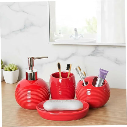 4Pcs Red Bathroom Accessories, Modern Ceramic Bathroom Accessories Set Includes Soap Dispenser, Toothbrush Holder, Tumbler and Soap Dish for Home Apartment, Red Toothbrush Holder
