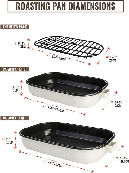 Roasting Pan for Oven with Rack 6-Piece Enamel Lasagna Baking Dishes Set 14&17 Inch, 572°F High Temperature Resistance Dishwasher Safe Non-Stick Deep Turkey Roaster Pan Mothers Day Gift Bakeware