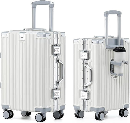 HotWay 24 Inch Aluminum Frame Luggage with Spinner Wheels, PC Hard Shell Suitcase with Cup Holder, Zipperless Luggage for Business Travel, White