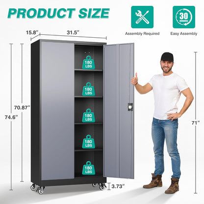 75" Tall Metal Storage Cabinet with Wheels,Rolling Garage Storage Cabinet with Lock,Gray Metal Cabinets with Wheels and Shelves,Tall Tool Cabinets on Wheel for Garage,Home,Office,Shop